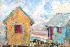 Leda Lisk, "Yellow and Blue Cottage Shoreline," Oil